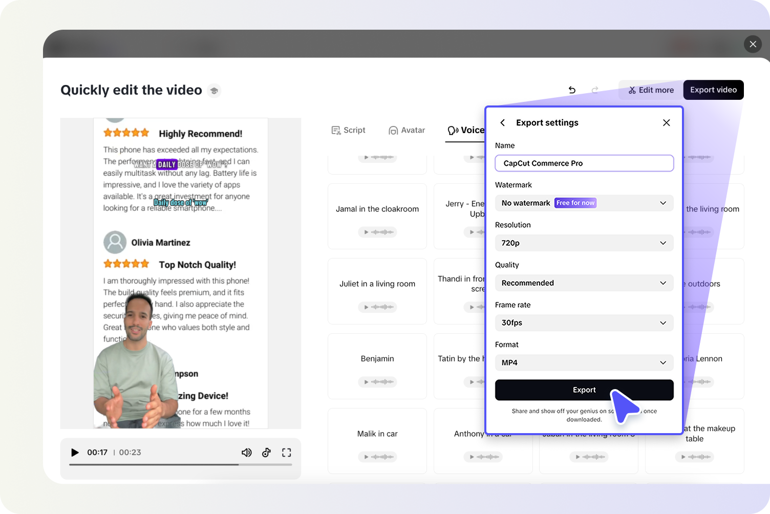 ボイスオーバーをプレビュー、編集、エクスポートし、動画を公開してください。