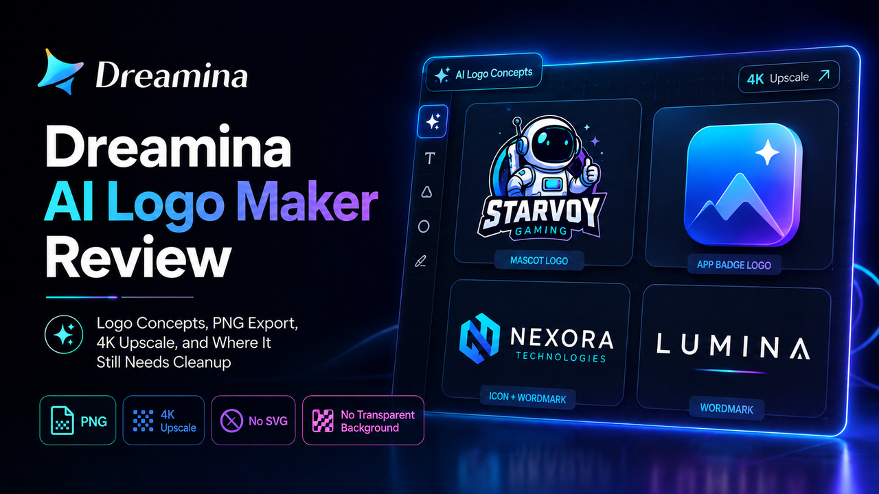 Dreamina AI Logo Maker Review showing mascot logo concepts, app badge ideas, PNG export, 4K upscale, and SVG vector cleanup limits