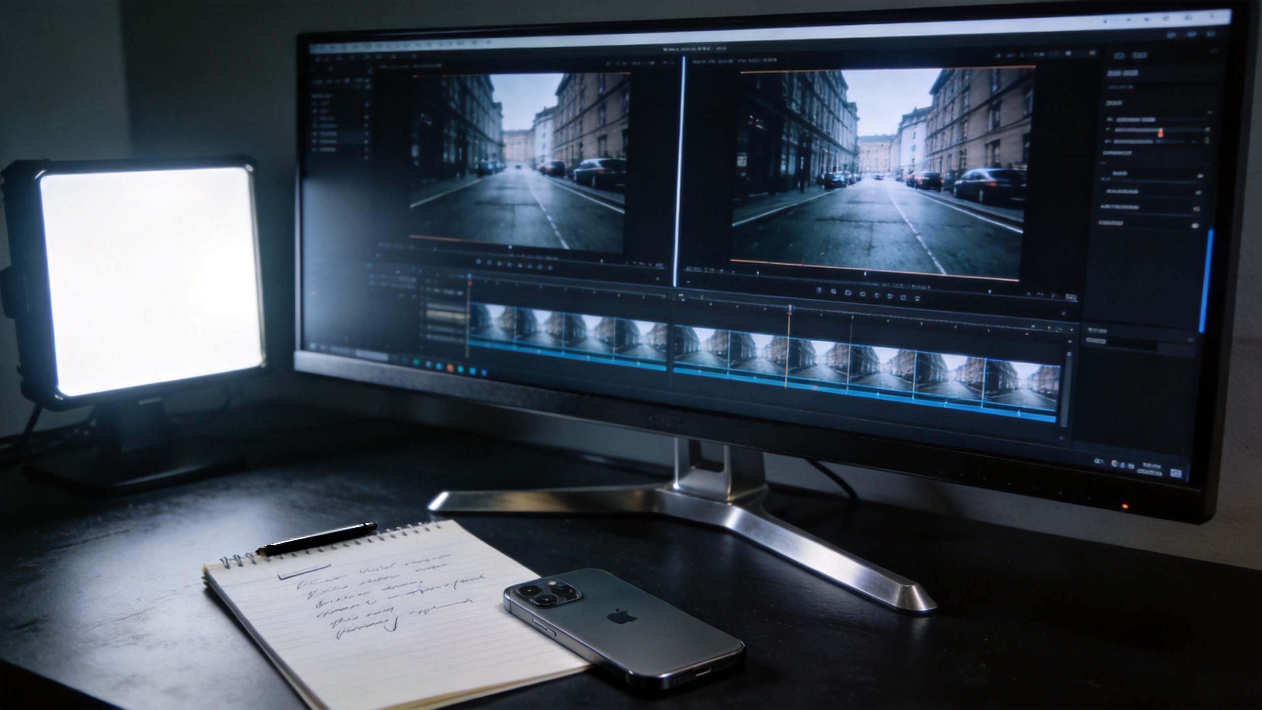 Video editing monitor with side-by-side street footage and a timeline on screen