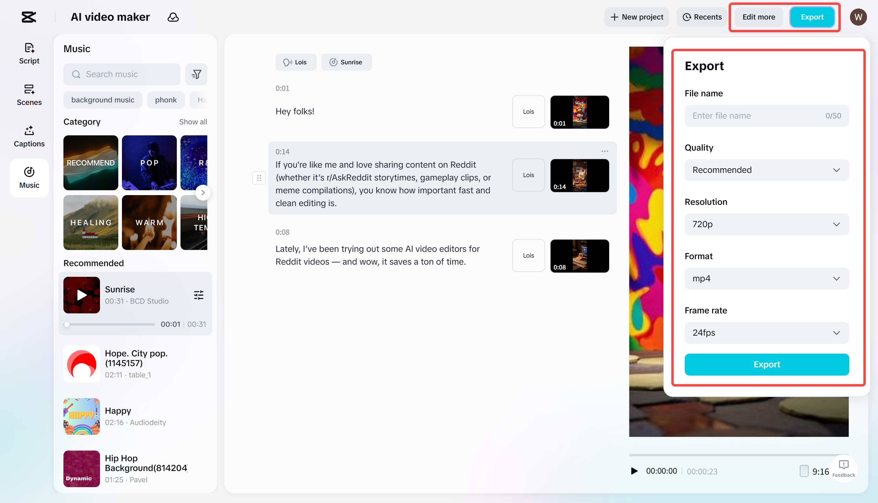 Exporting the video from CapCut's AI video maker