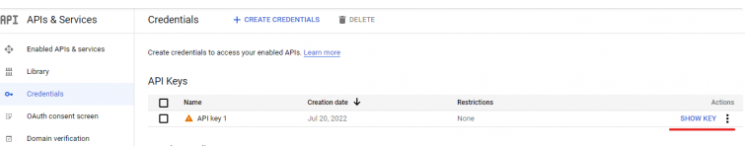 Copying the YouTube analytics API key from Google Developers Console