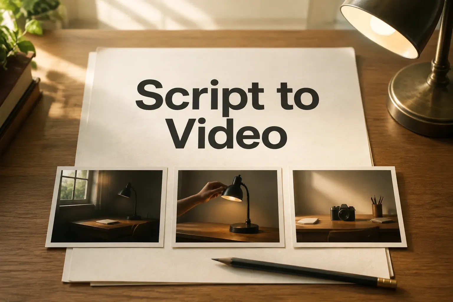 Script to Video cover with a paper script and three desk-lighting scene cards