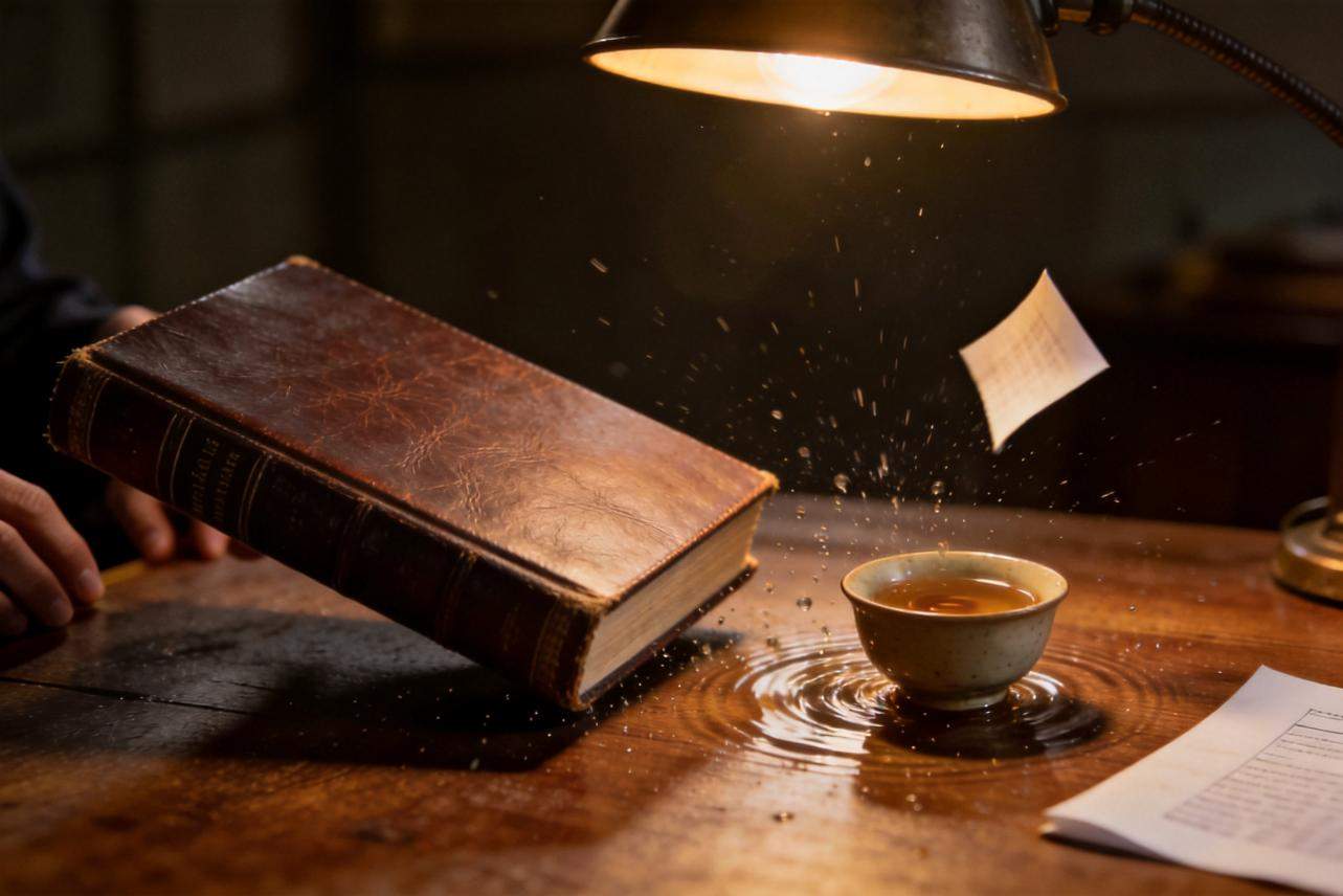 Book drops beside a teacup, sending ripples across a wooden desk under a lamp