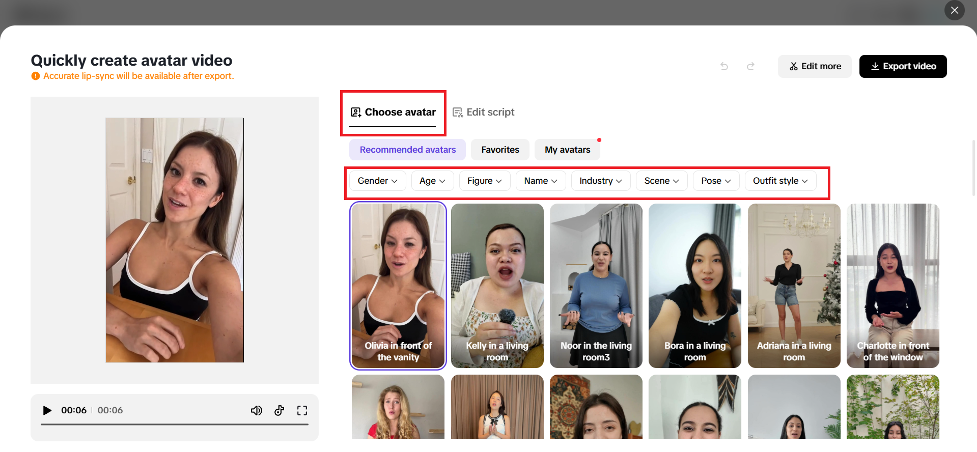 Avatar selection window