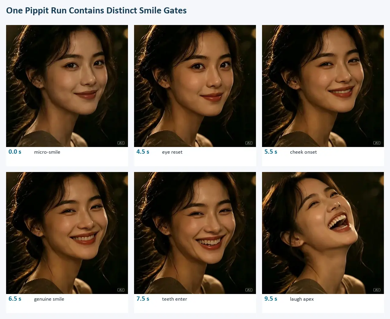 Six-panel sequence of a woman's smile progressing from slight to laughing