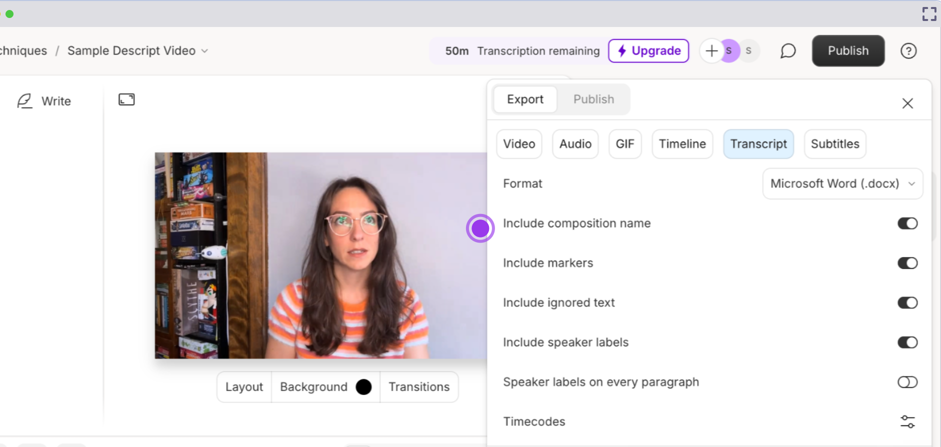 Interface of Descript - another way to get transcript from YouTube videos