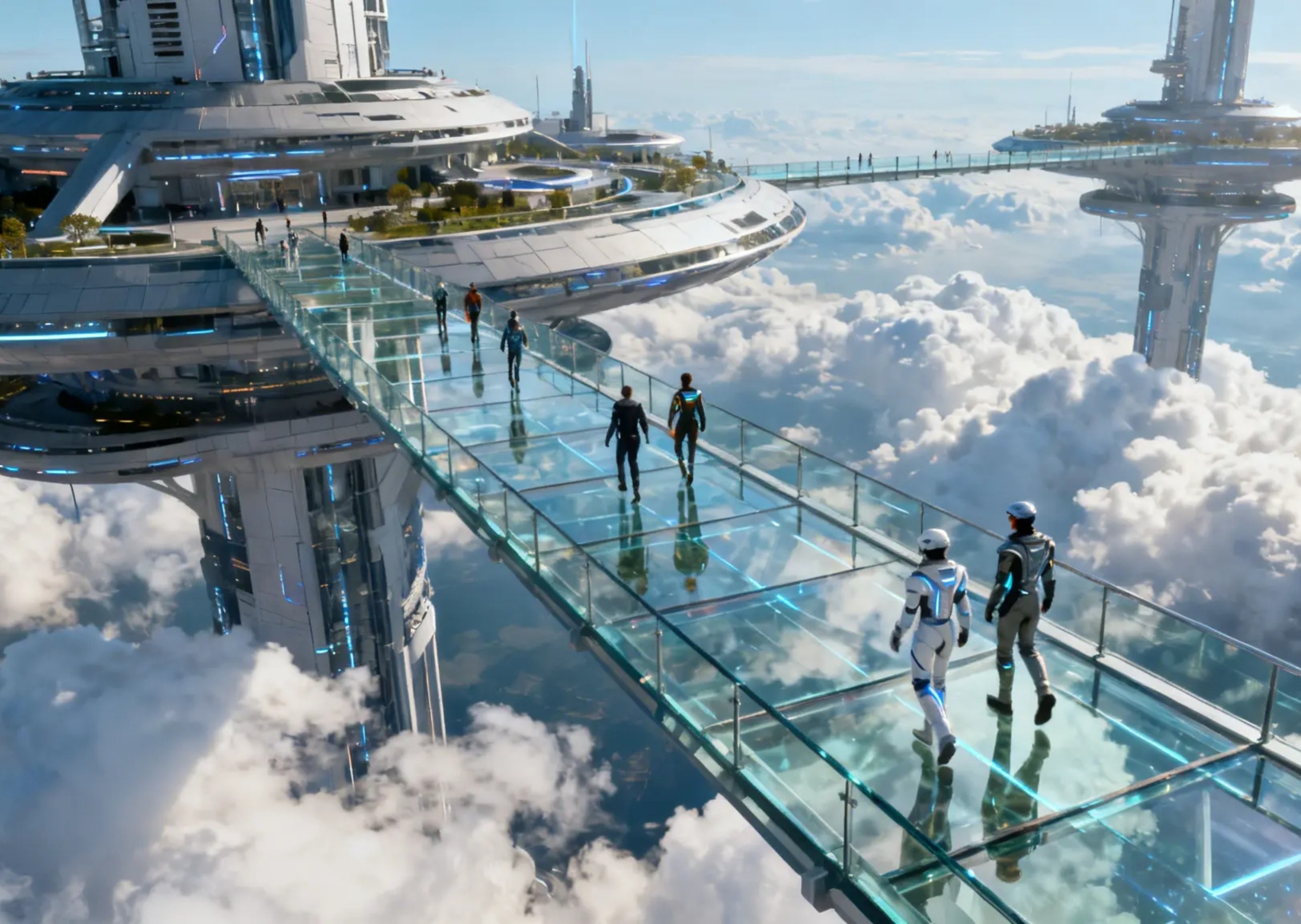 Aerial sci-fi video flythrough of a high-altitude sky city connected by glass bridge