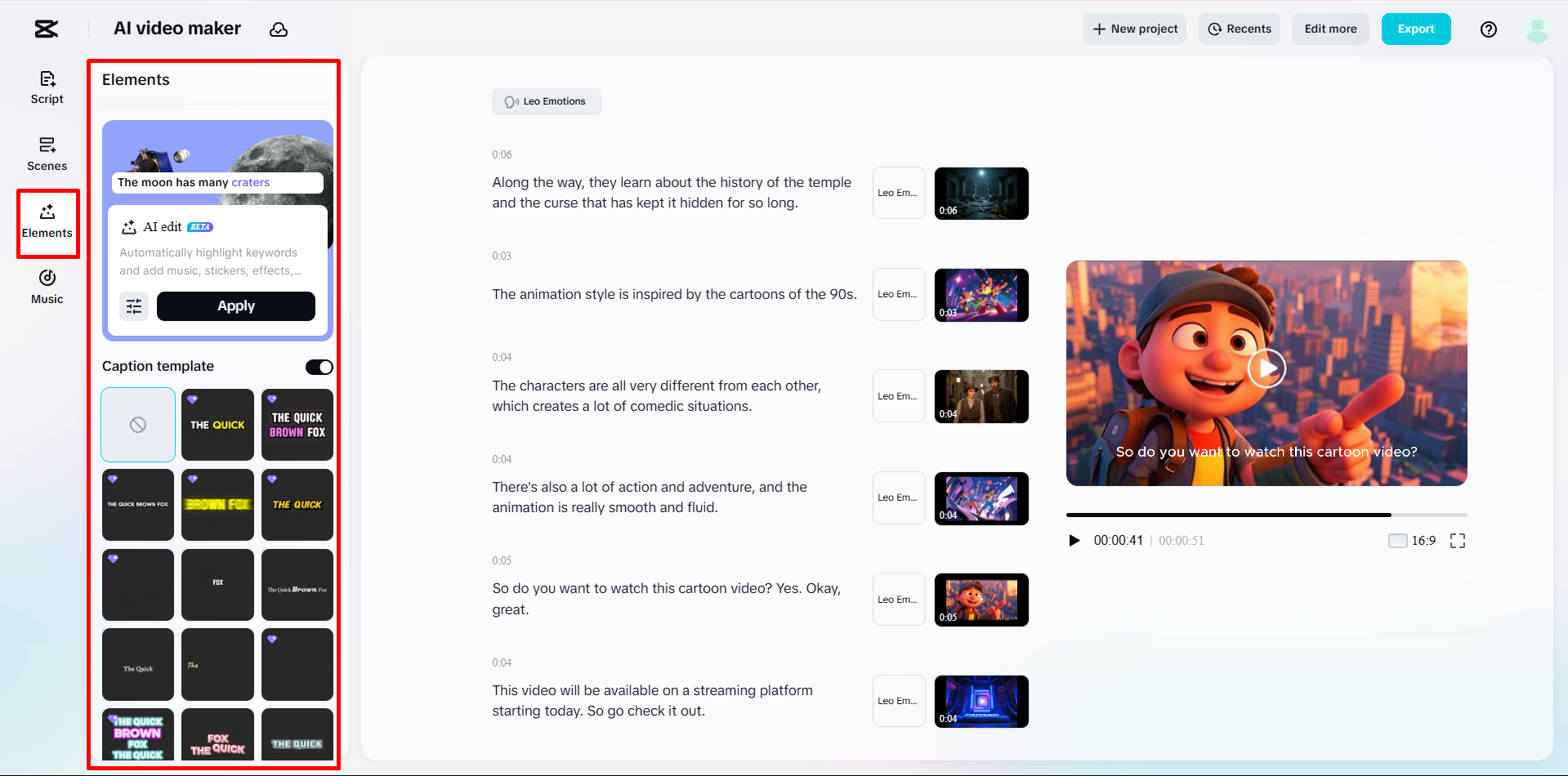 הוספת כתוביות לסרטון מצויר באמצעות מחולל הווידאו מבוסס הבינה המלאכותית של CapCut