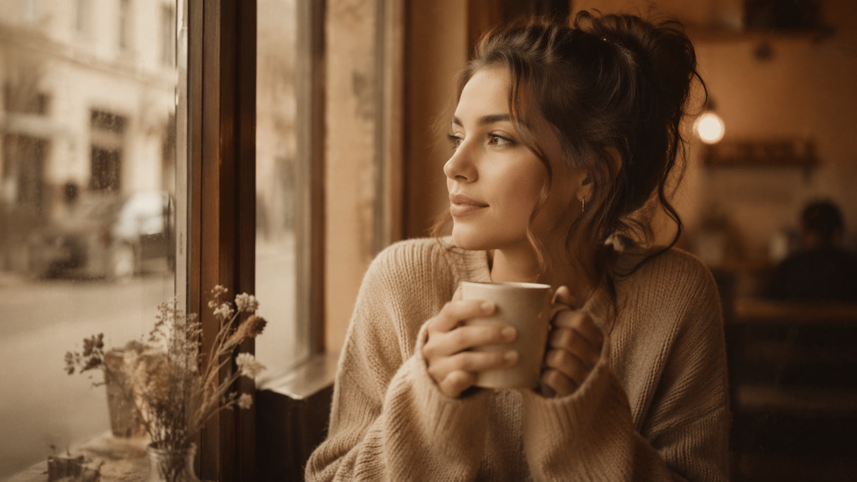 Dreamina Kaffee Fotofilter Prompt Beispiel 1: Warm Cafe Portrait