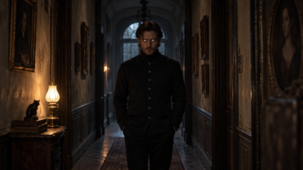 An adult in a high-neck black buttoned coat standing in an old hallway, pale glowing eyes, a low warm lamp, cinematic eerie stillness