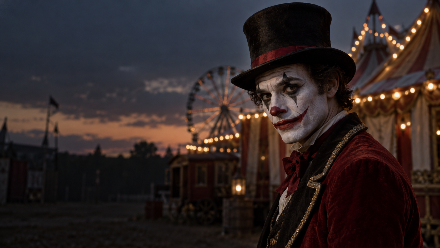 Vintage Eerie Clown: Ein fiktiver erwachsener Mann mit theatralischem weißem Clown-Make-up, präziser roter Mundbemalung und dunklen Augenlinien, Vintage-Karneval in der Abenddämmerung, beunruhigend, aber gewaltfrei.