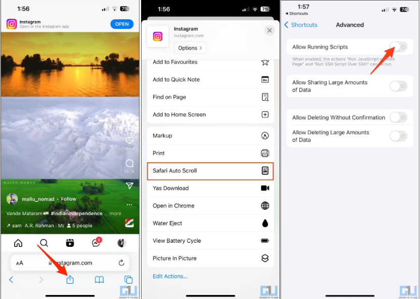 Mostrando come rendere Instagram Reels scorrimento automatico in Safari