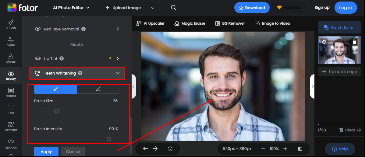 Regolazione della dimensione e dell'intensità del pennello in Fotor