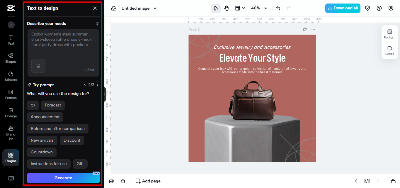 Text to design tool in CapCut Web