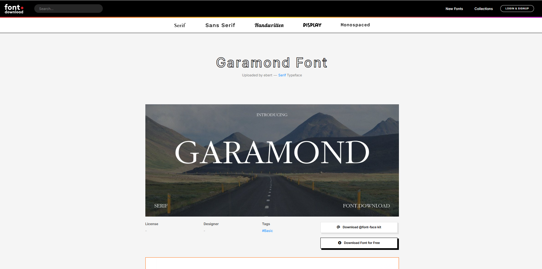 Interface of Font Download - an accessible site to get Garamond font