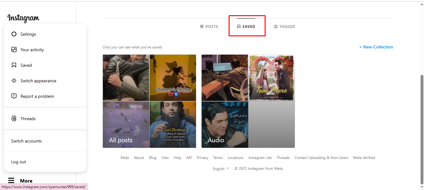 Oglądanie zapisanych bębnów na Instagramie po ich znalezieniu