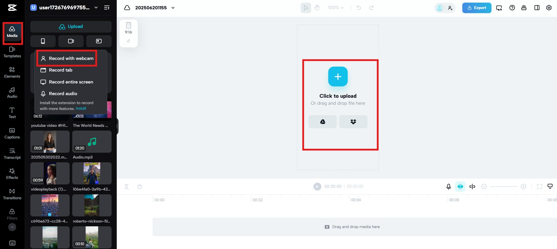 Upload video or record