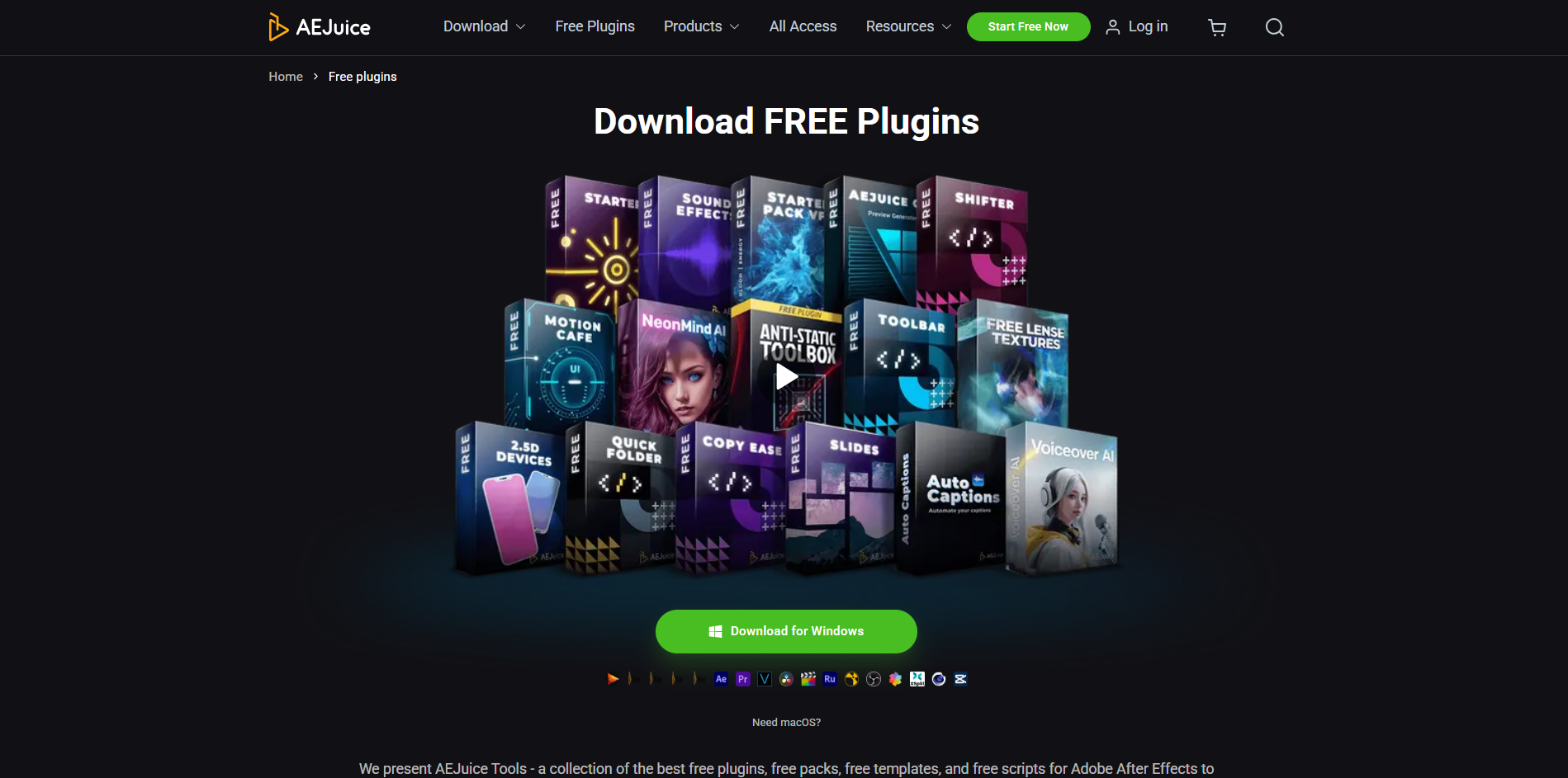 Interface of AE Juice - an easy way to download free After Effect plugins