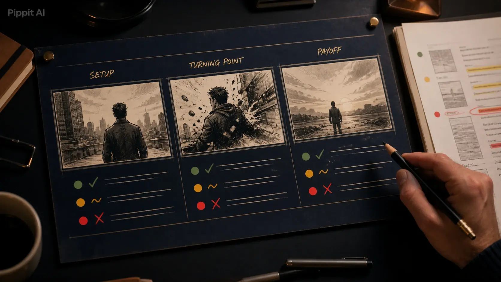 Storyboard layout with three sketch panels labeled setup, turning point, and payoff
