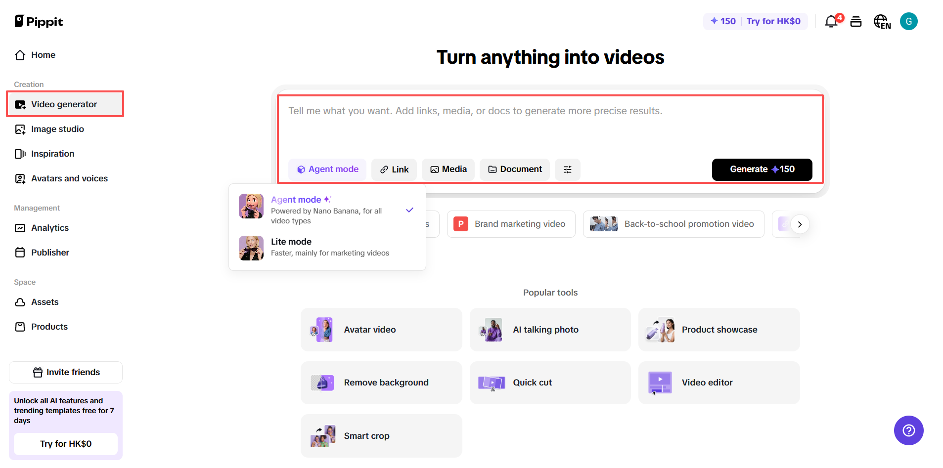 Start with Pippit's video generator