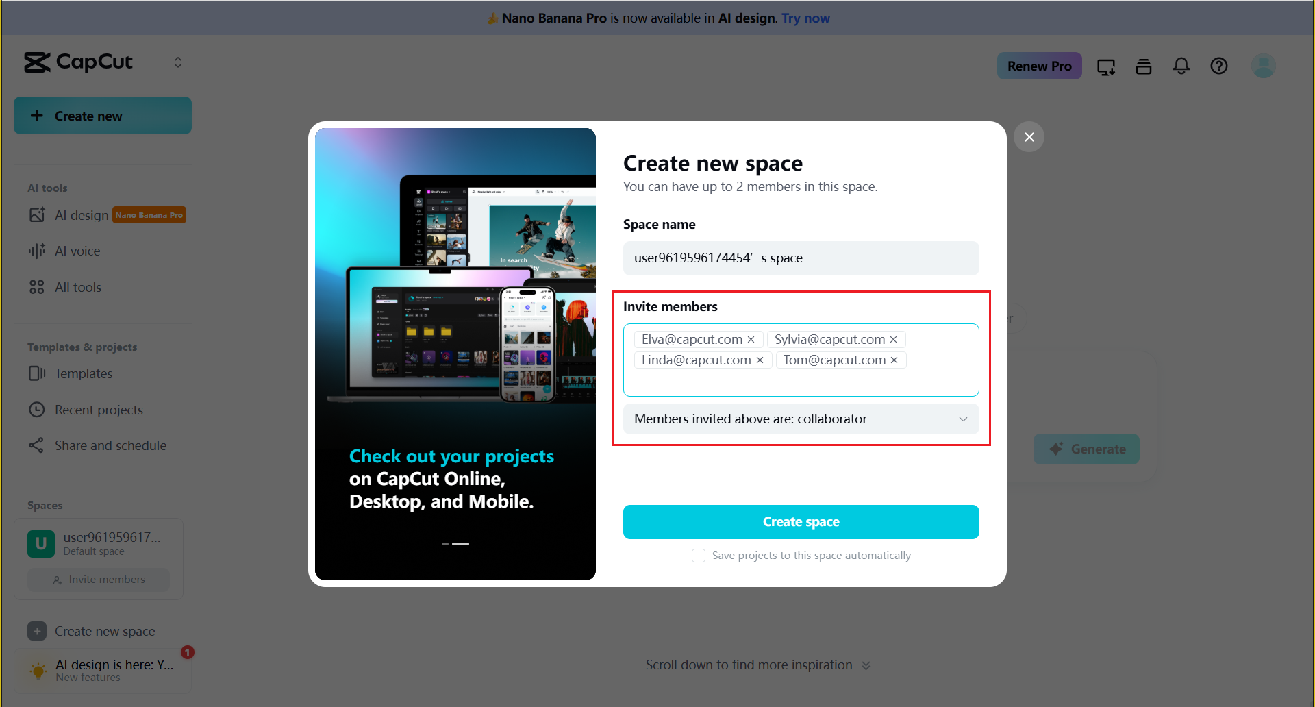 Fill the "Create new space" page
