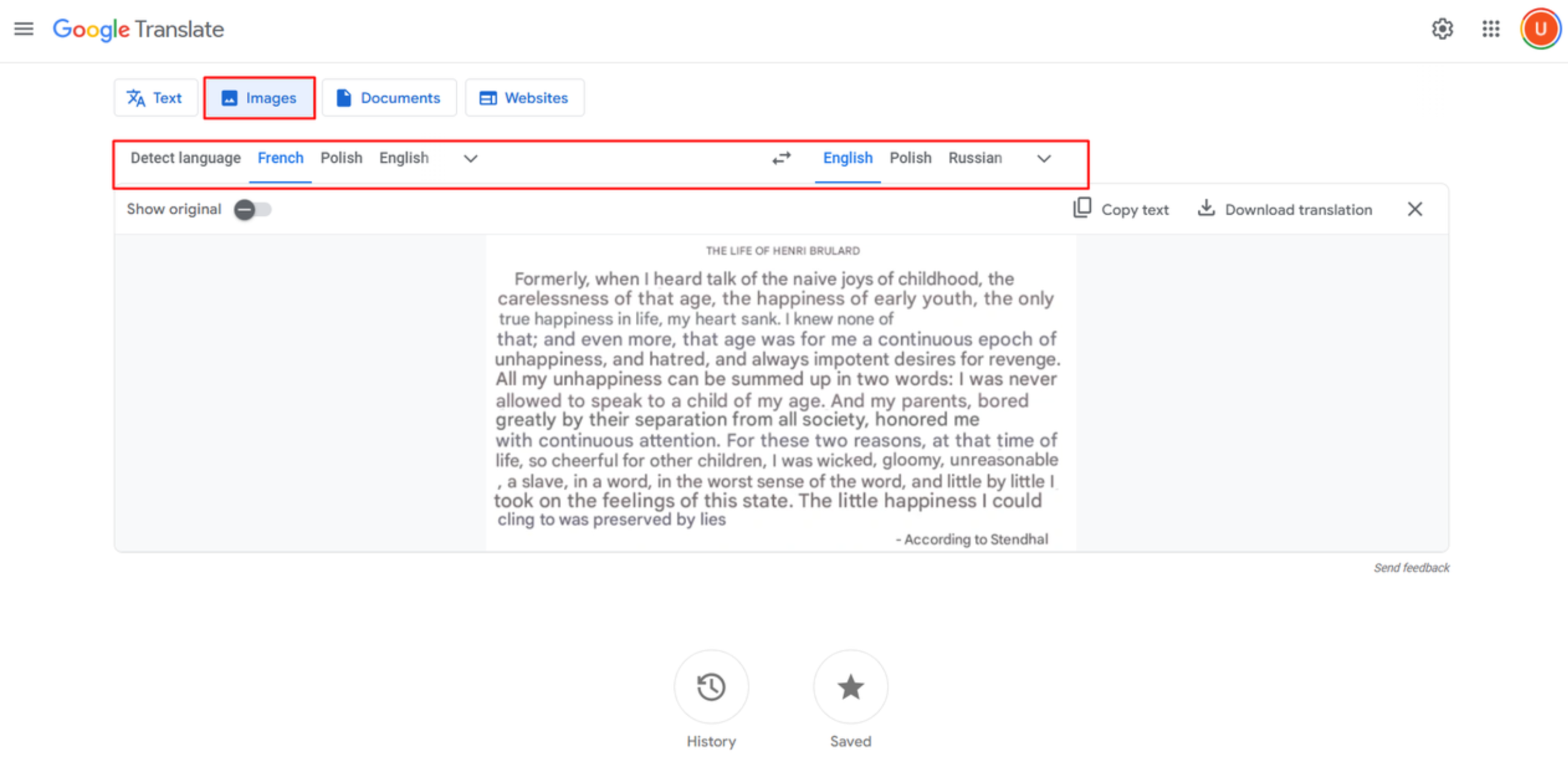 Translating French to English in images with Google Translate