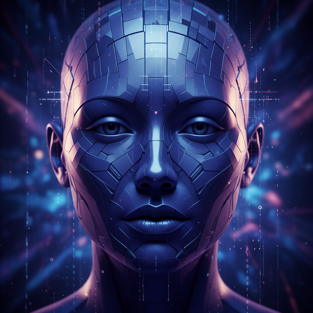 Portret AI w stylu Gemini z delikatnym oświetleniem studyjnym, odcieniami indygo-fioletu, nowoczesną estetyką.