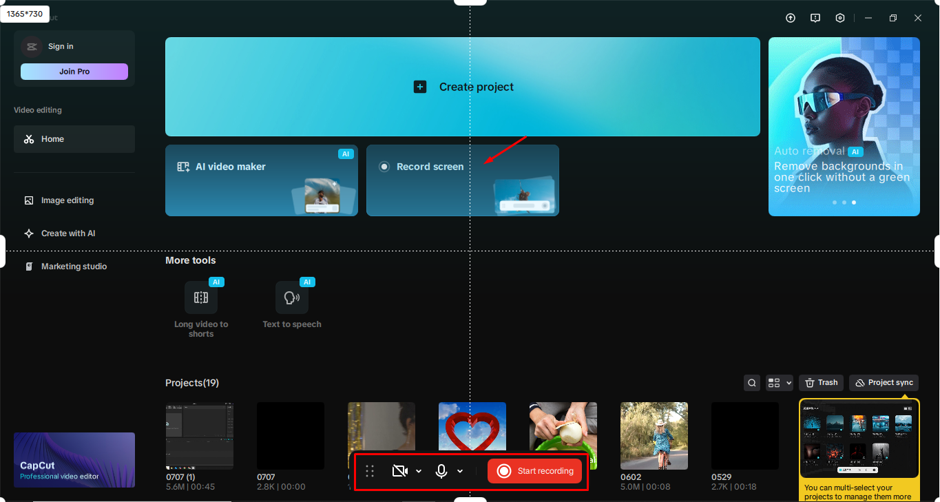 Öppnar skärminspelaren i CapCuts stationära videoredigerare