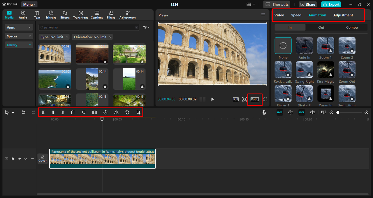 Bearbeitung des Panoramavideos mit verschiedenen Werkzeugen im CapCut Desktop-Video-Editor