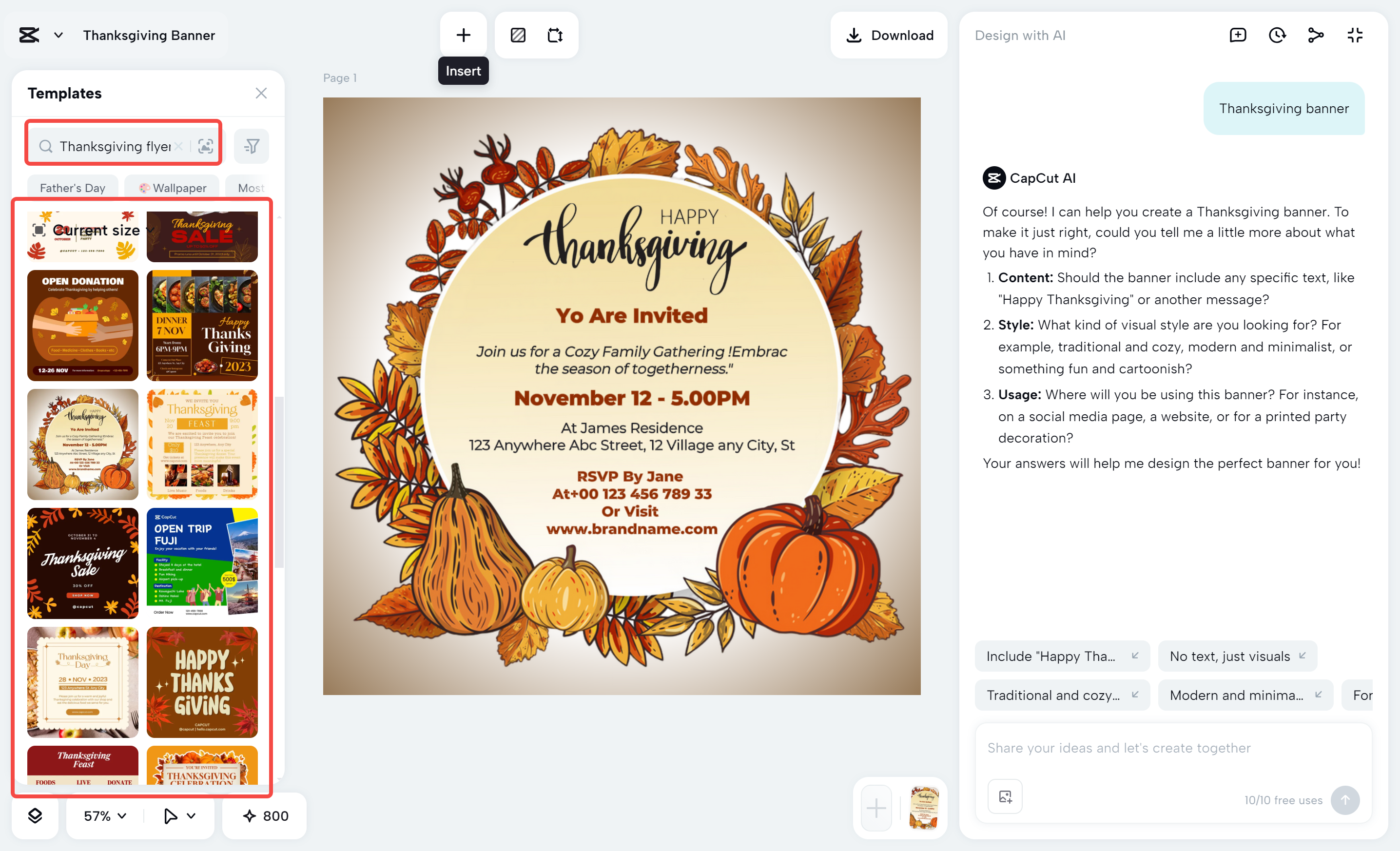 Choosing a Thanksgiving flyer template in the CapCut desktop video editor