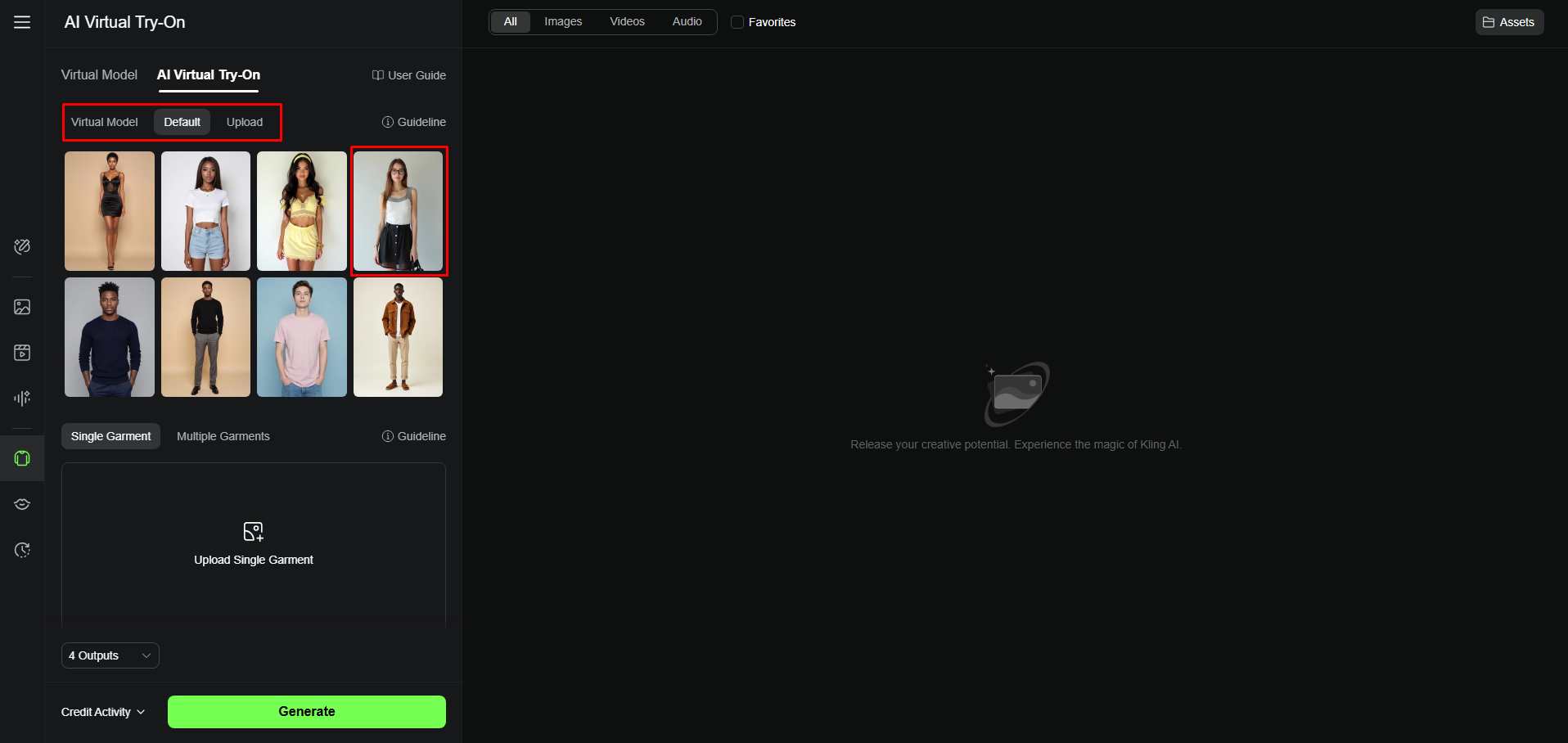 Access the Kling AI virtual try-on and select a model