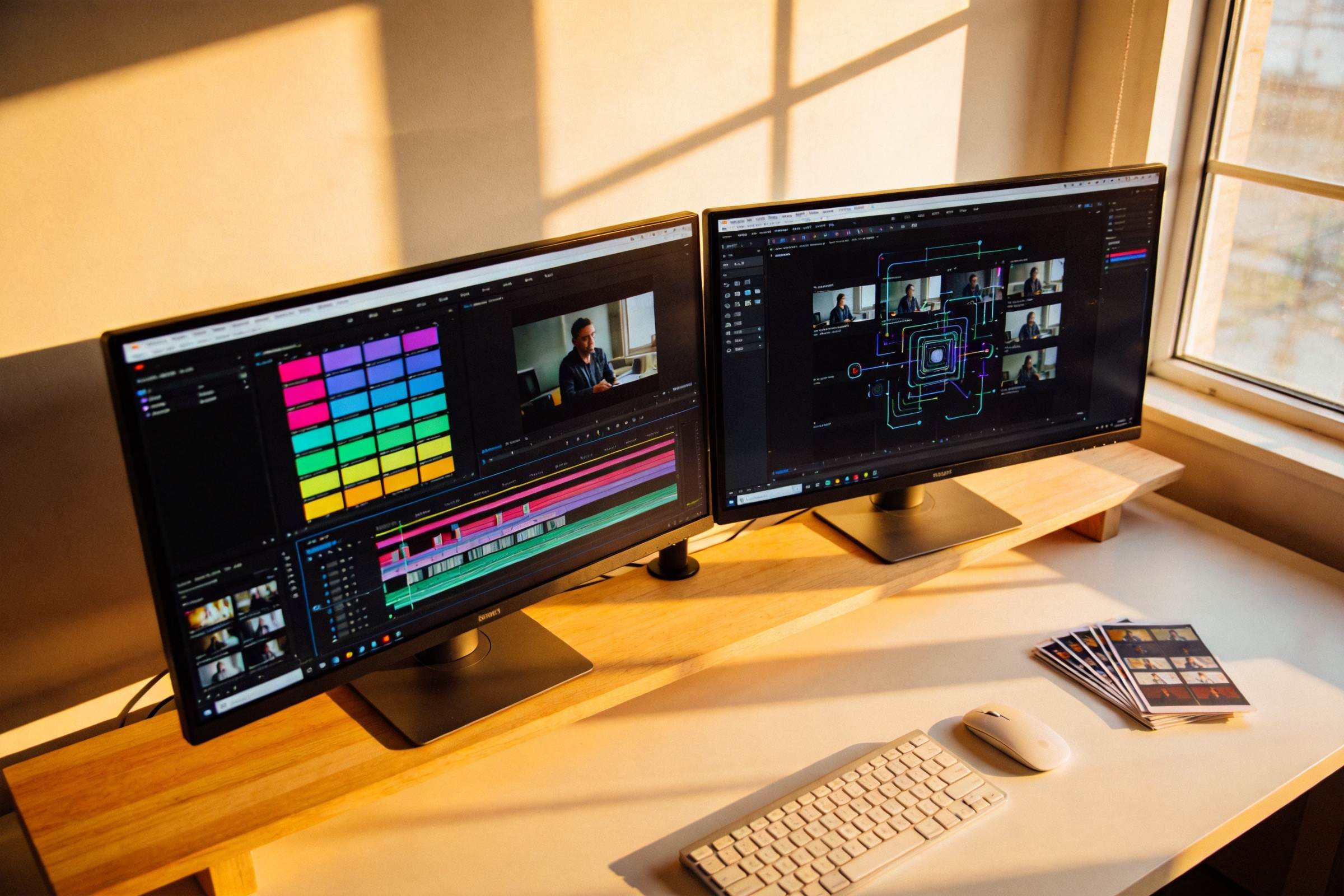 Dual monitors showing video editing interfaces on a desk by a window