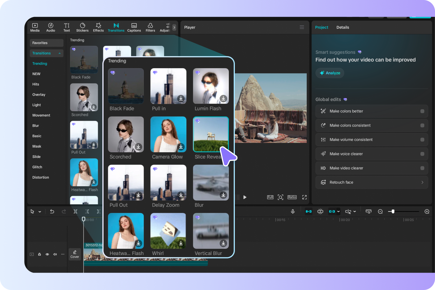 Applying video transitions in the CapCut desktop video editor