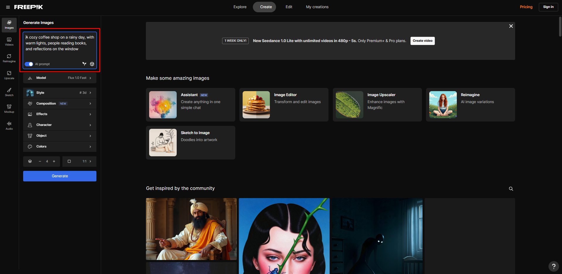 Entering the description in the Freepik AI image generator