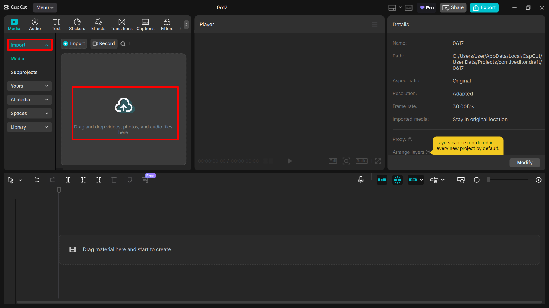 Uploading a video to the CapCut desktop video editor