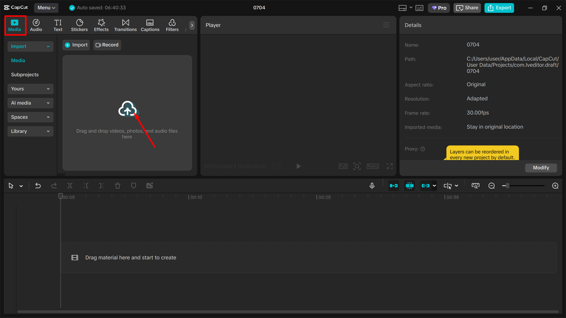 Importing video in the CapCut desktop video editor