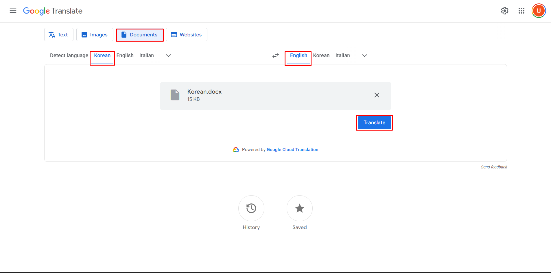 Showing how to translate a Korean document to English with Google Translate