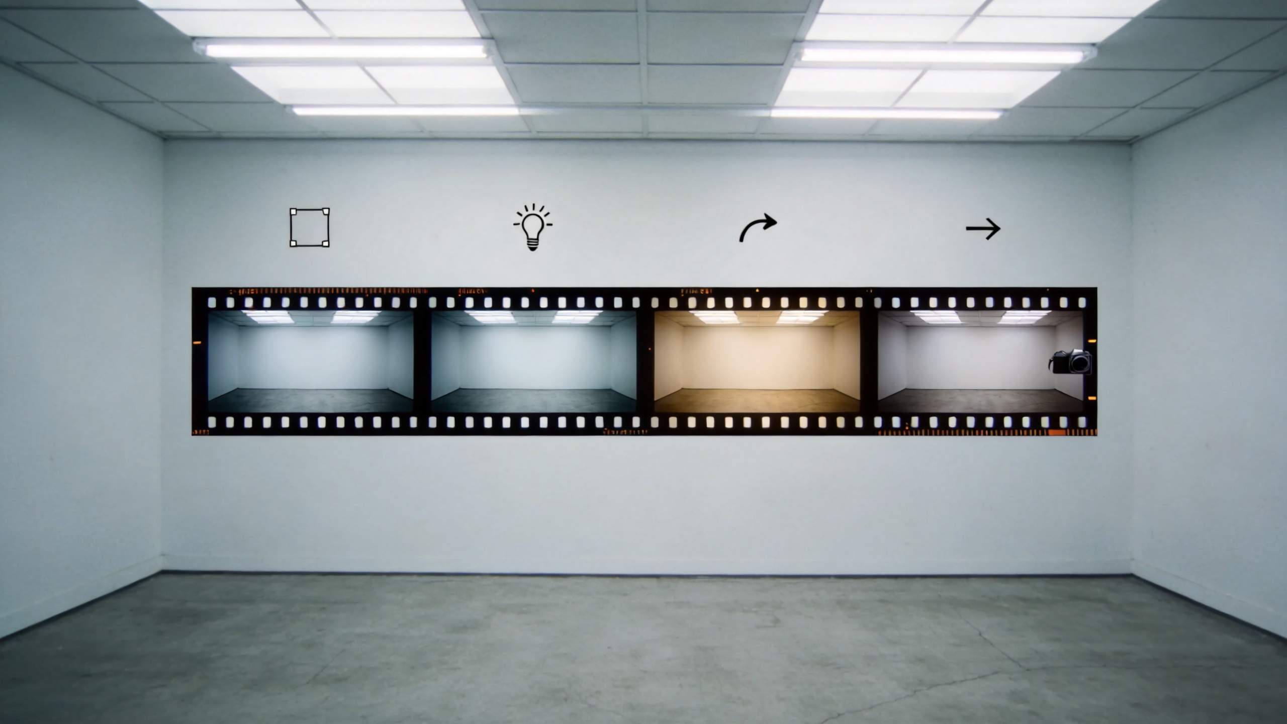 Filmstrip showing four empty rooms with different lighting and arrow icons above