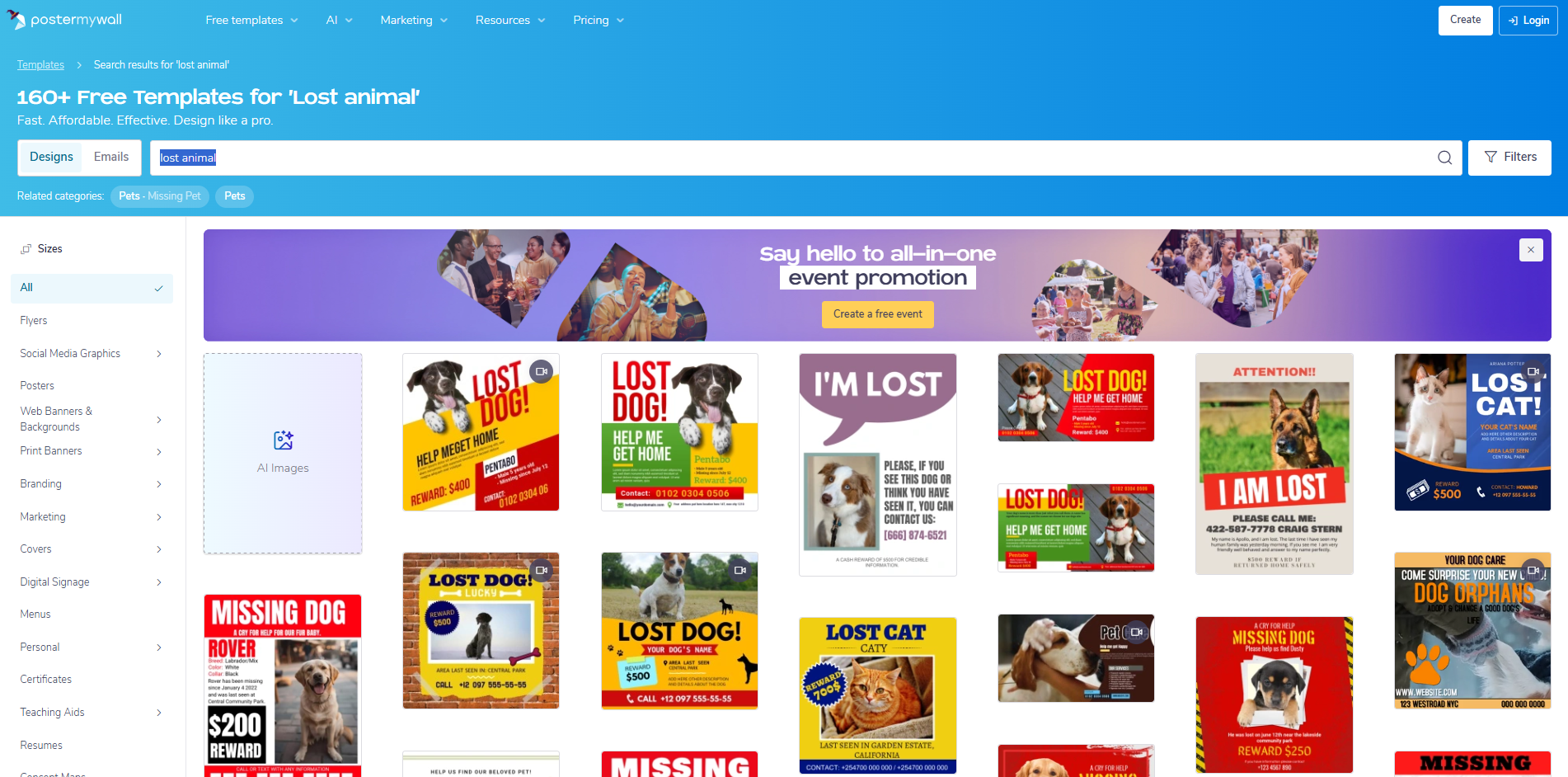 Interface of PosterMyWall - an efficient tool for making missing animal posters