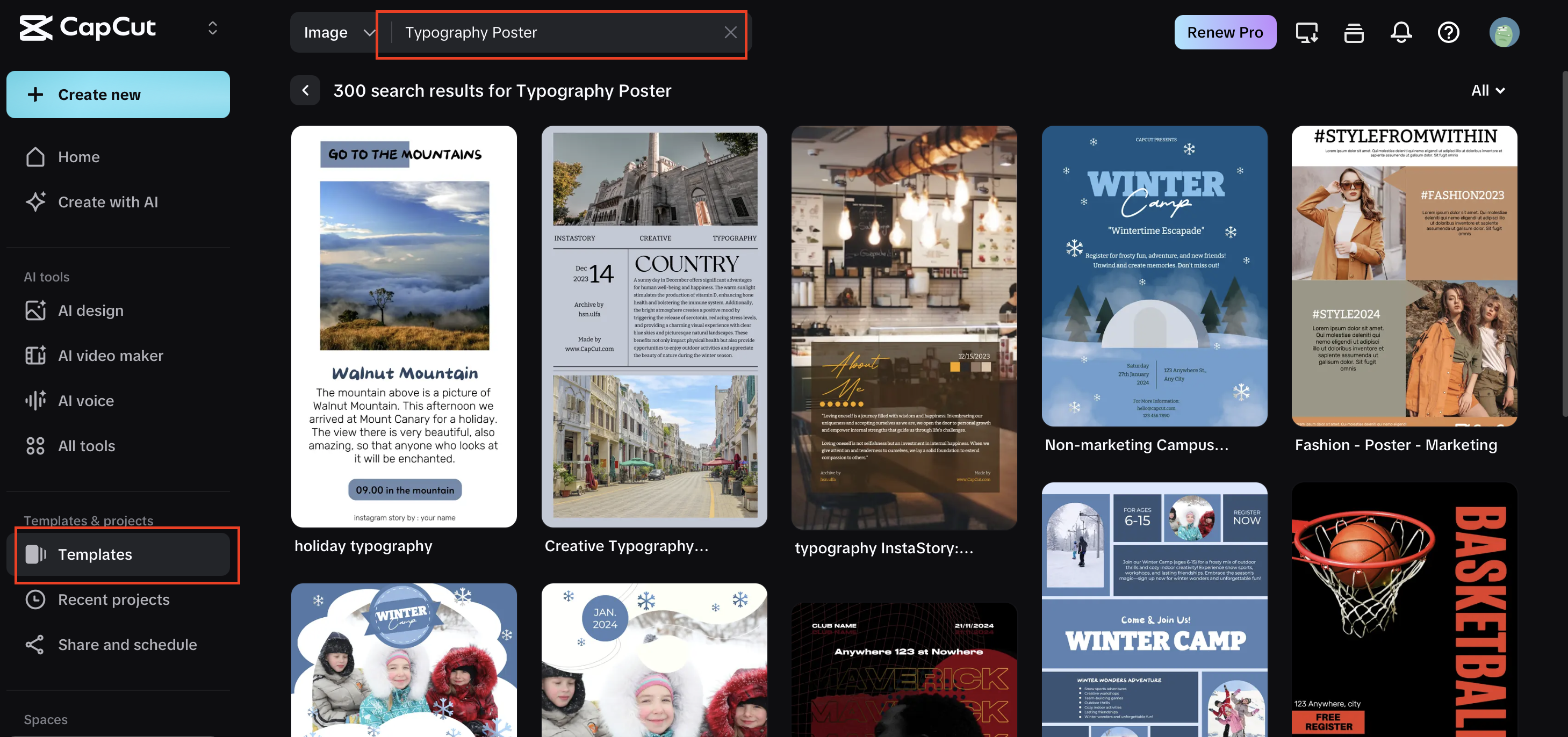 Searching for typography templates in CapCut left sidebar