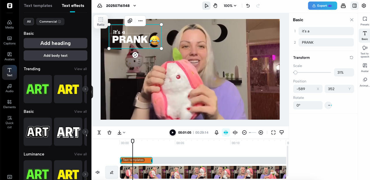 Text and effects for creation