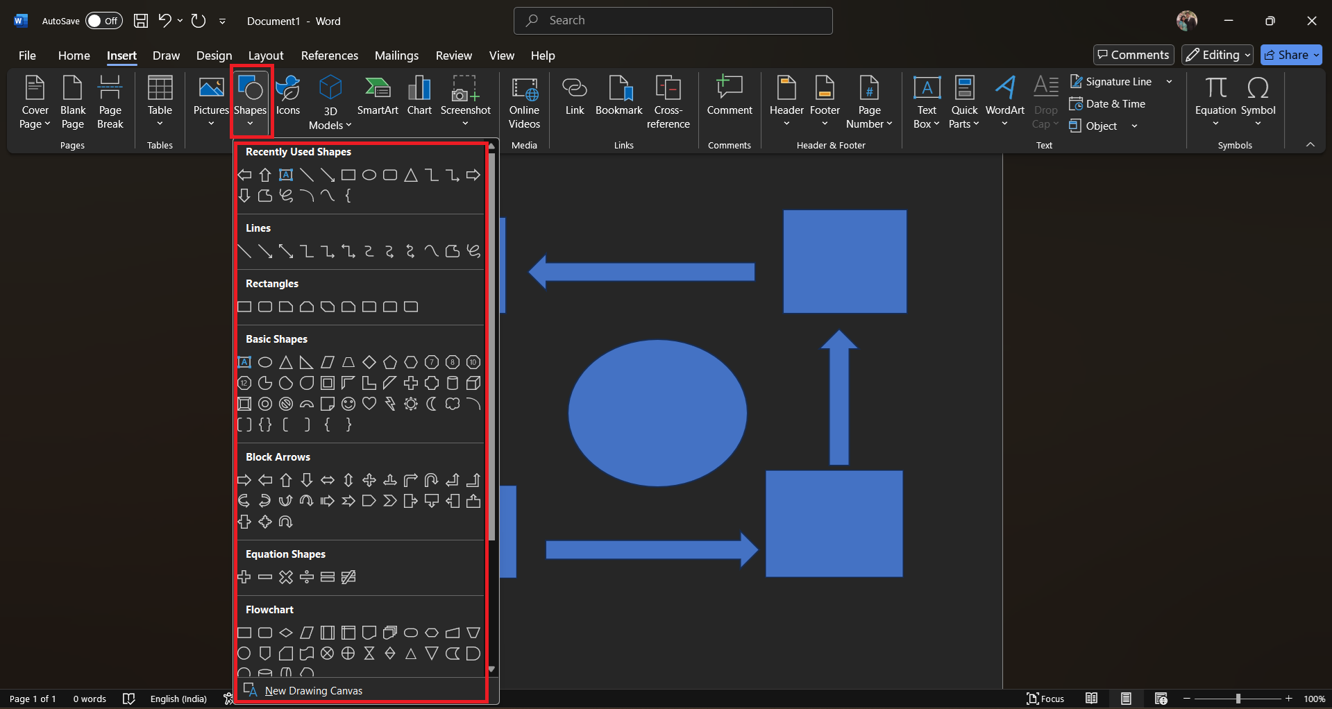Making mind maps using shapes in MS Word