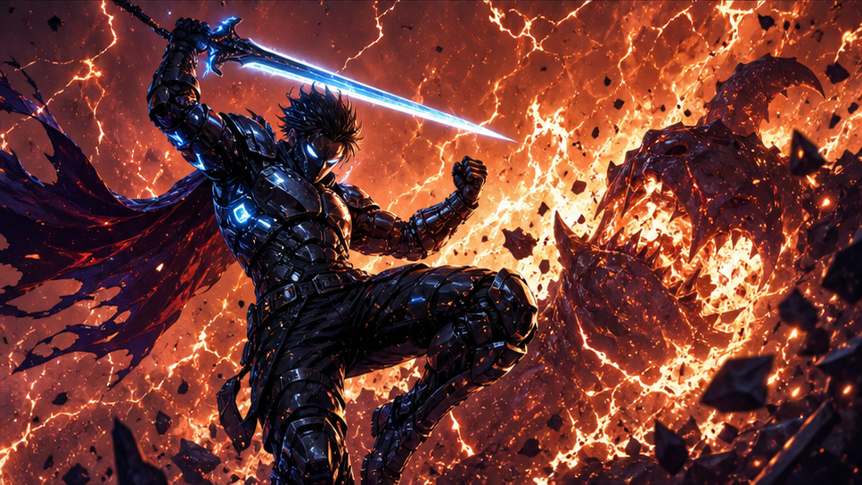 Casual Monster Slayer AI Video Effect — Comic-book victory reveal