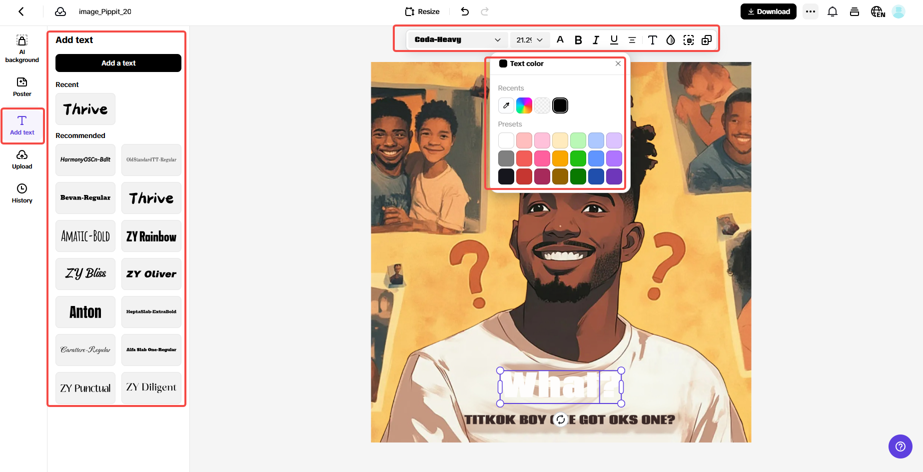 Customizing text on meme in Pippit