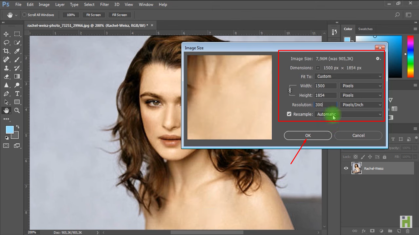 Kuva näyttää kuinka lisätä resoluutiota Photoshopissa