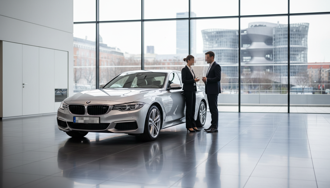 GDPR blur demo in a Munich showroom: generic sedan, two people with pixelated faces, blurred plate, glass backdrop.