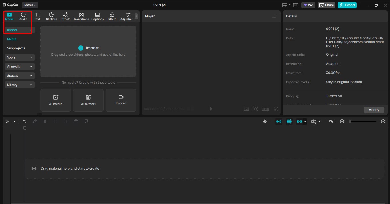 Nhập video của bạn vào trình CapCut chỉnh sửa video trên máy tính để bàn