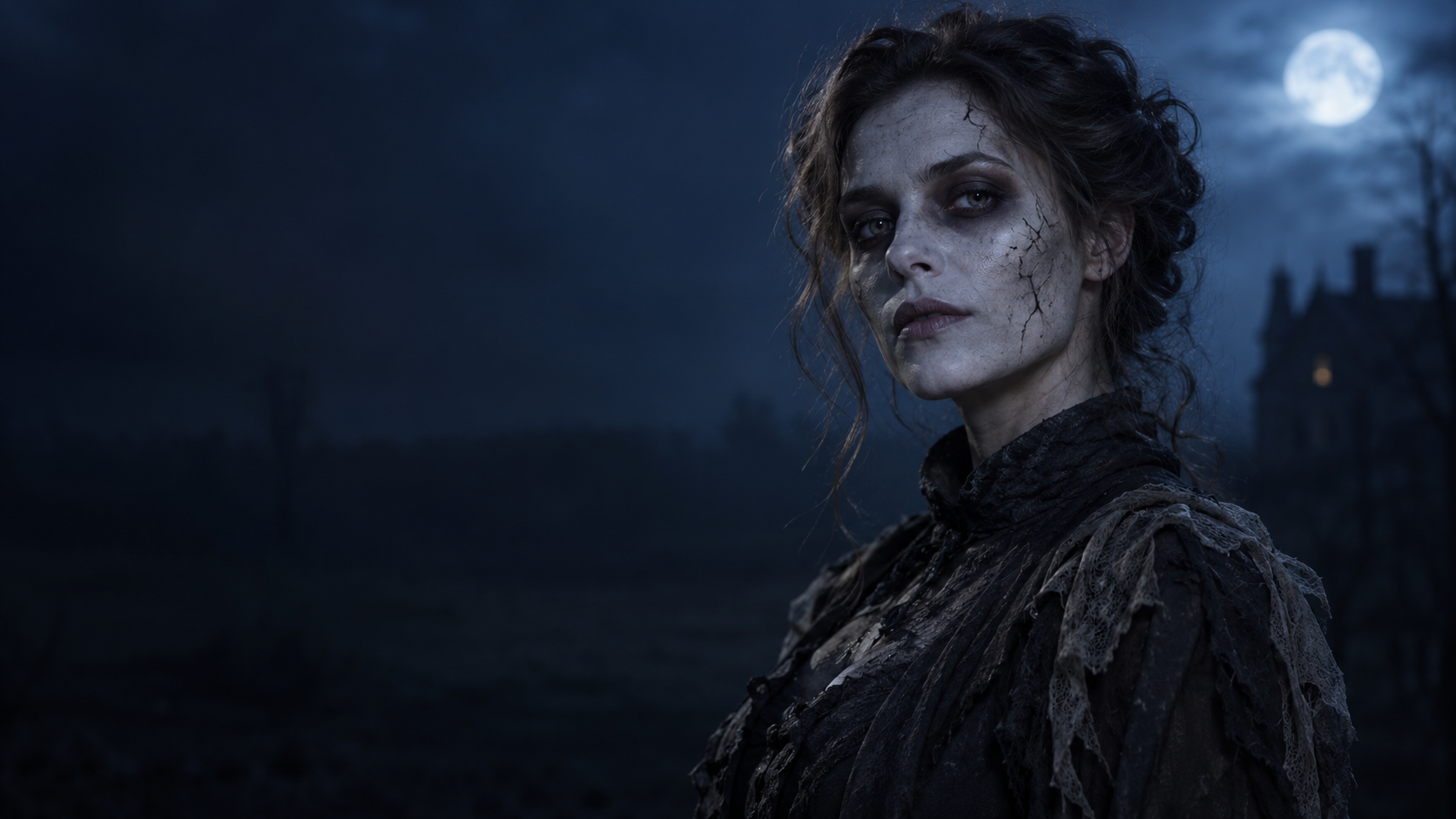 Cinematic Zombie Portrait: A fictional adult woman with restrained gray zombie face makeup, subtly cracked cosmetic texture and hollow-looking eye makeup, cinematic blue night lighting, no blood.