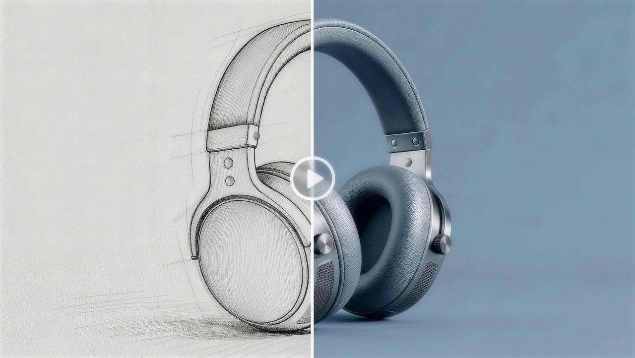 Product concept sketch transformed into a realistic 3D render