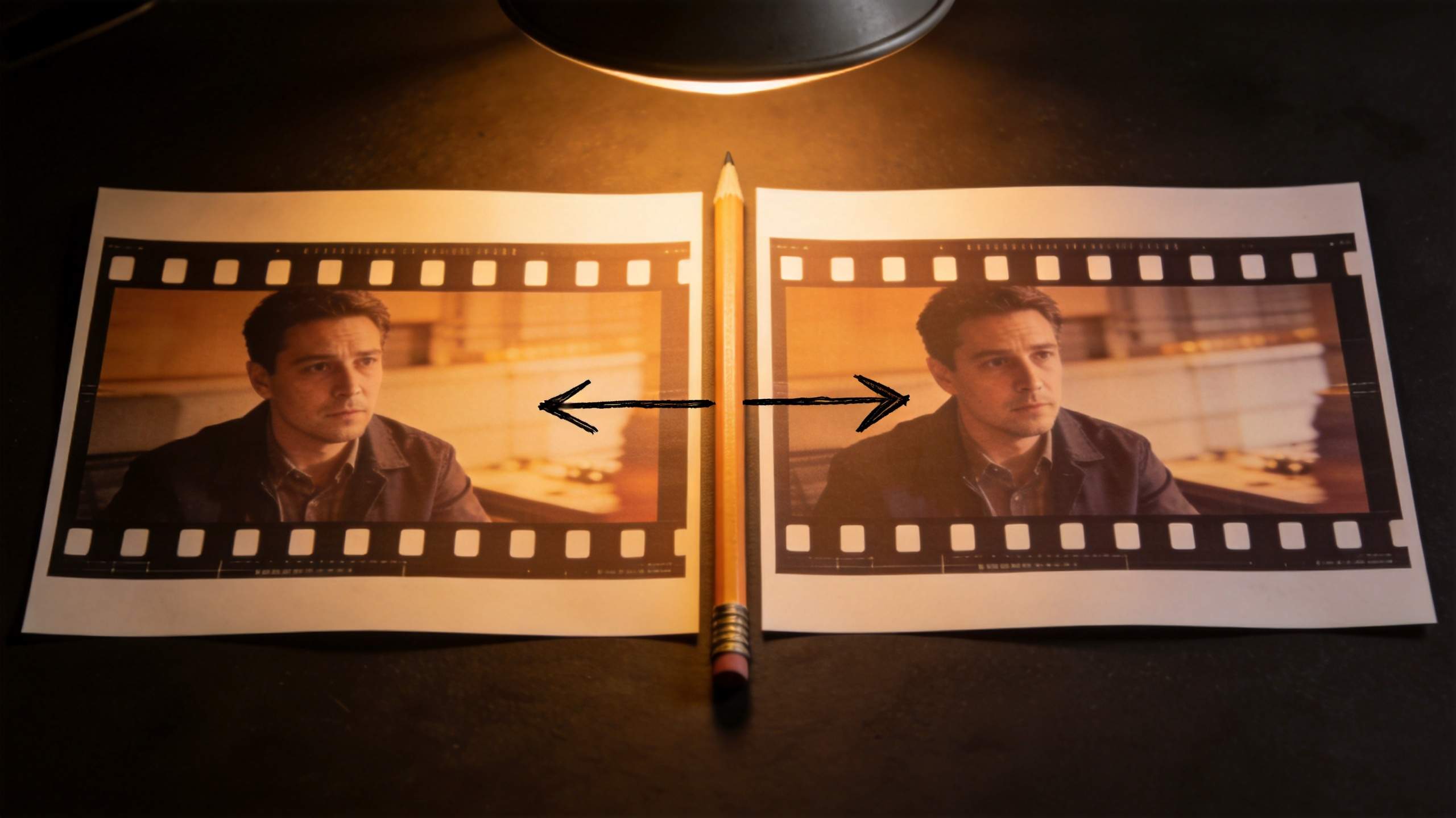 Two film strips with the same man's face and a pencil between them, with arrows indicating a transition